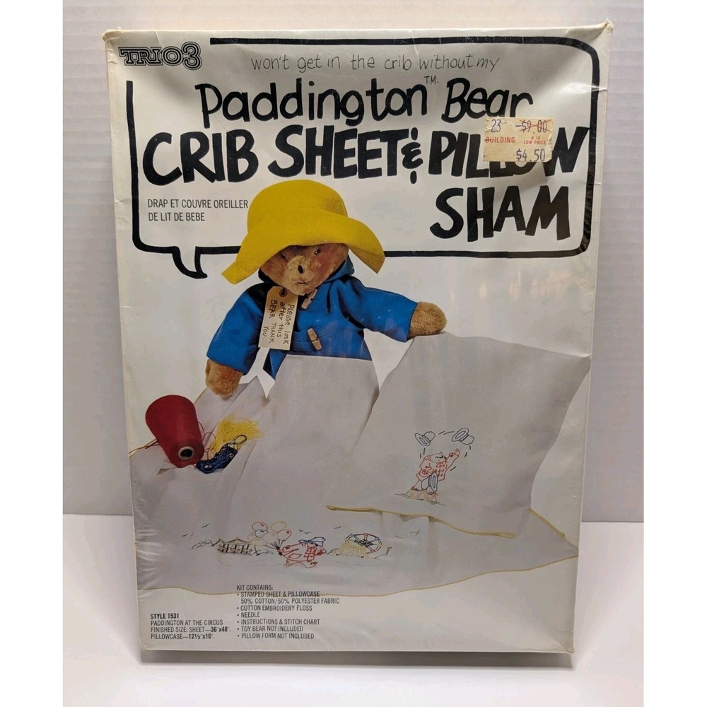 NEW Vtg Paddington Bear Needlepoint Kit Crib Sheet & Pillow Sham Trio 3 1978 USA